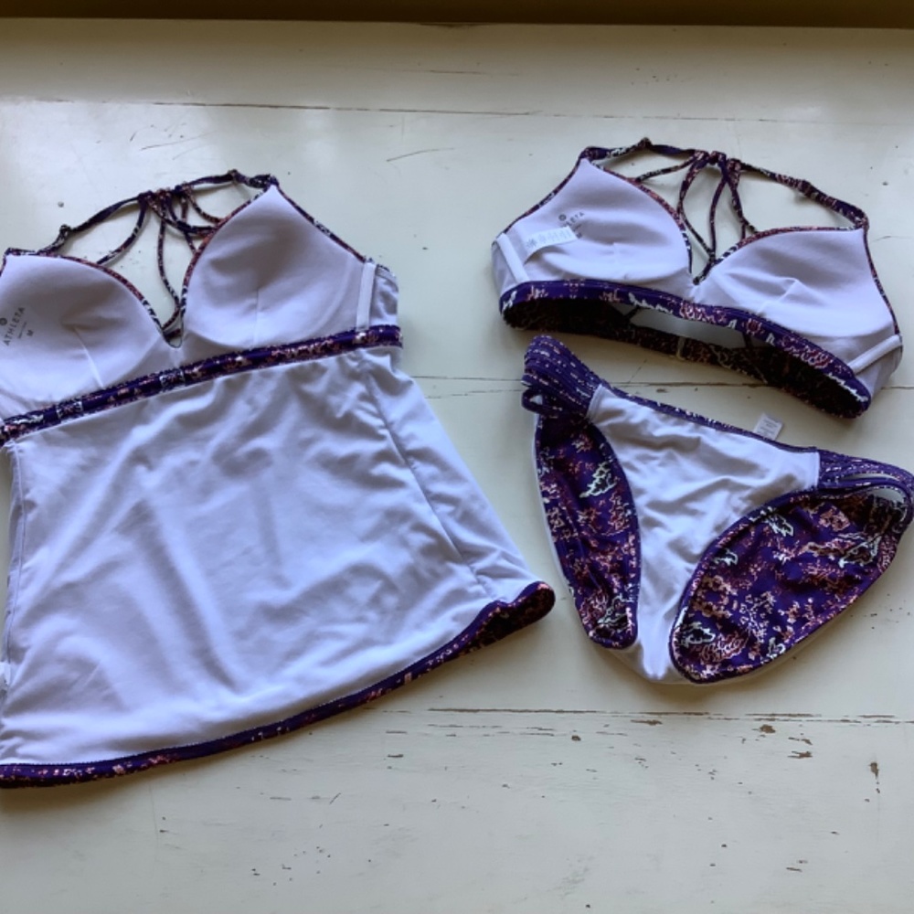 3 pIece ATHLETA Aqualuxe Paradise Print Molded Tankini bikini top bottoms SZ Med - Picture 3 of 7
